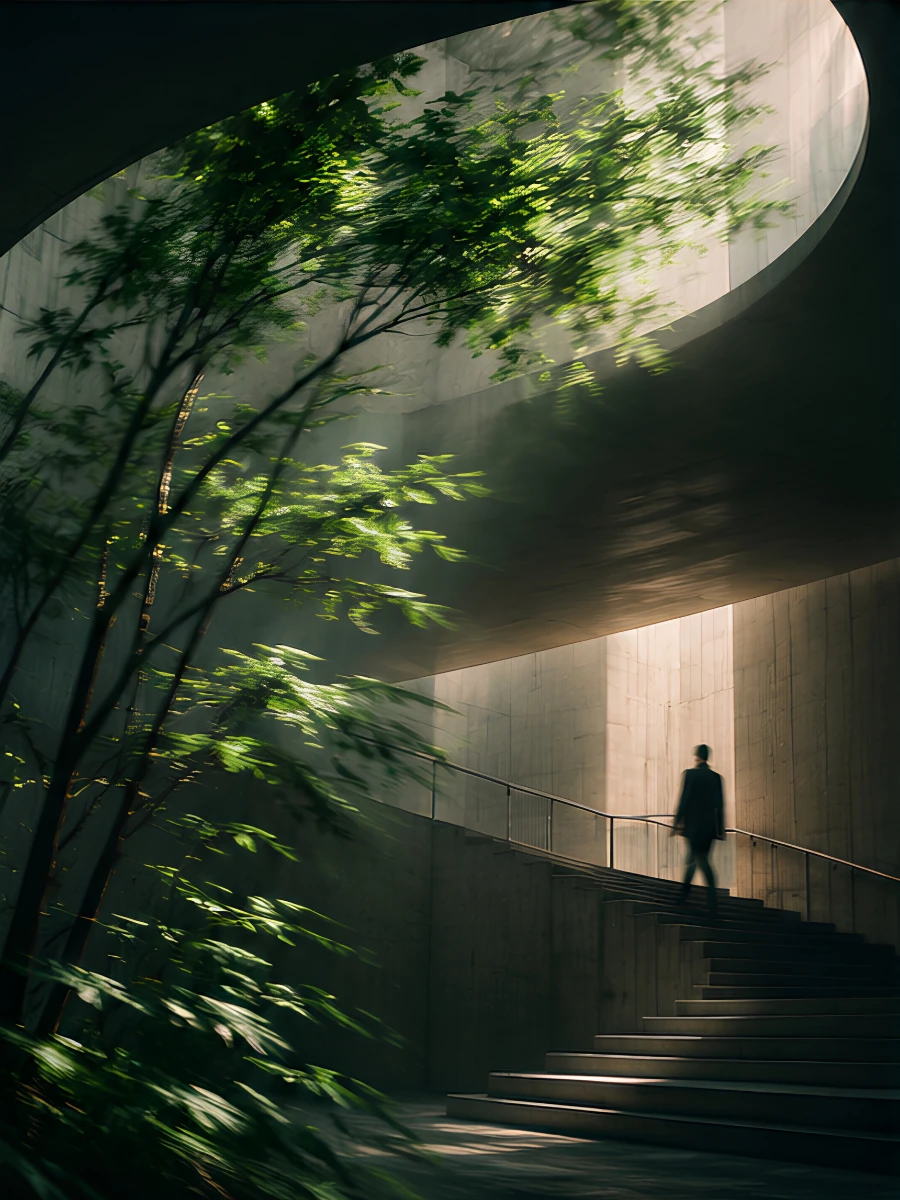 A tree grows beneath a skylight inside a curved concrete staircase.