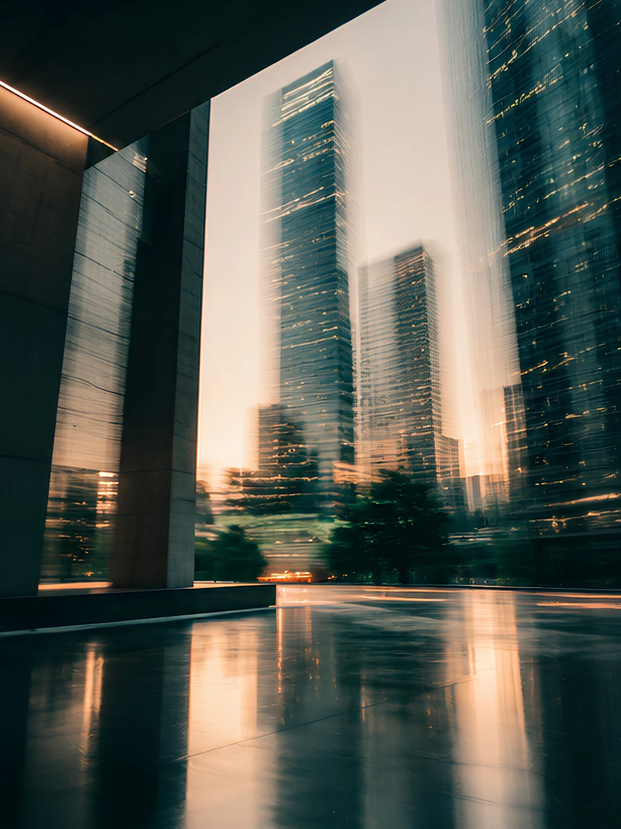 A monumental architectural opening frames city towers and warm evening light.