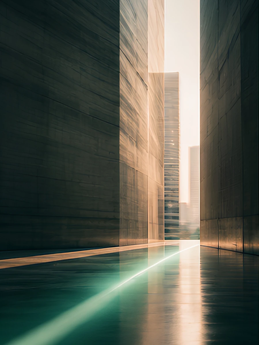 A glowing mint line leads through a narrow passage toward the light.