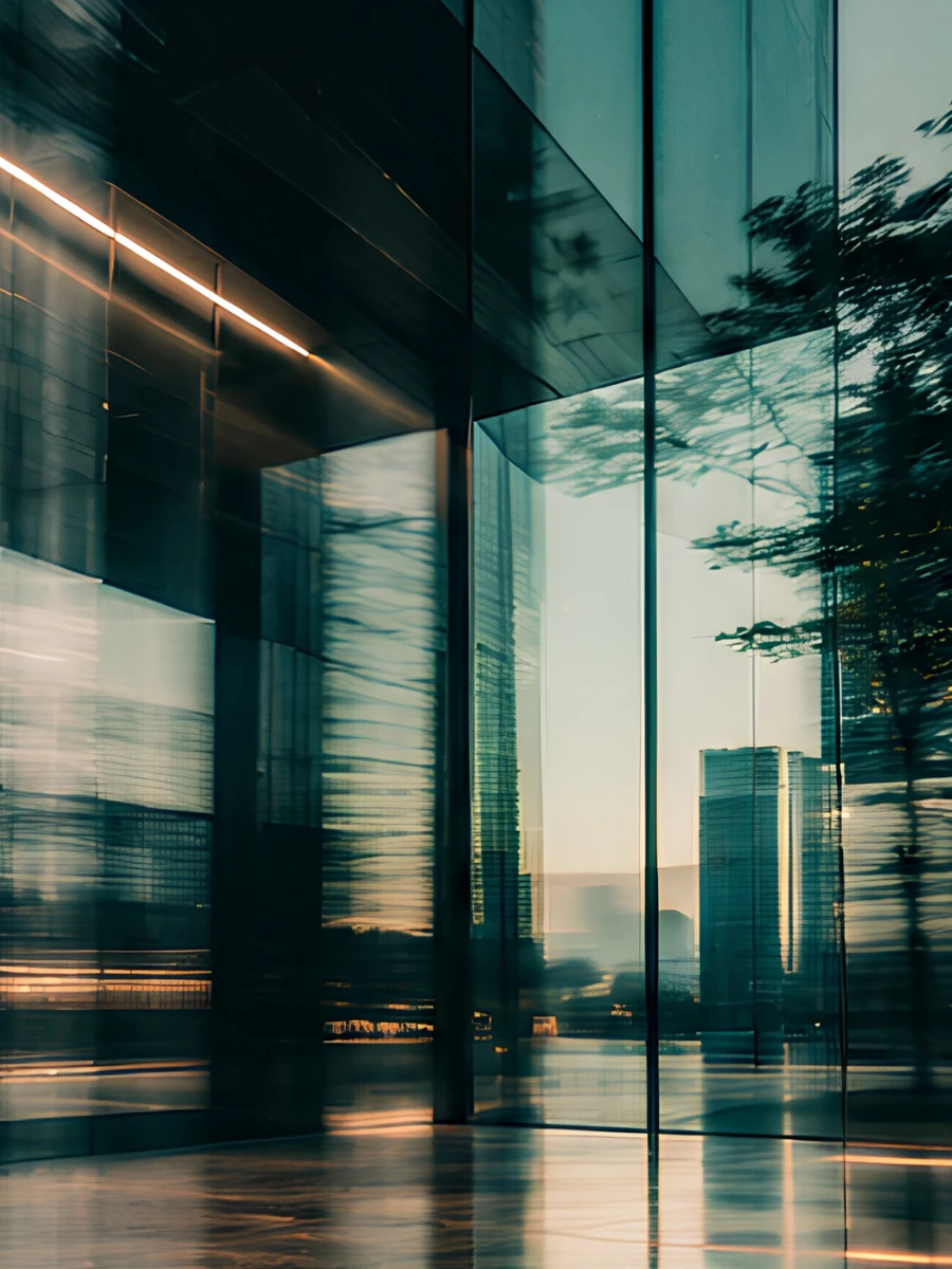 Trees, buildings, and warm lights connect in the reflections of a glass facade.